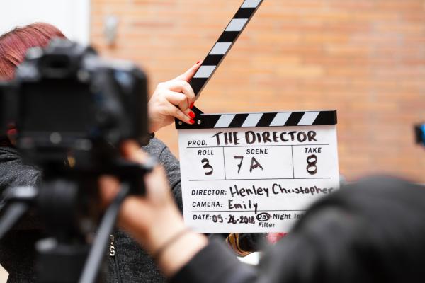 An image of a clapperboard about to be shut, with the movie title "The Director". 